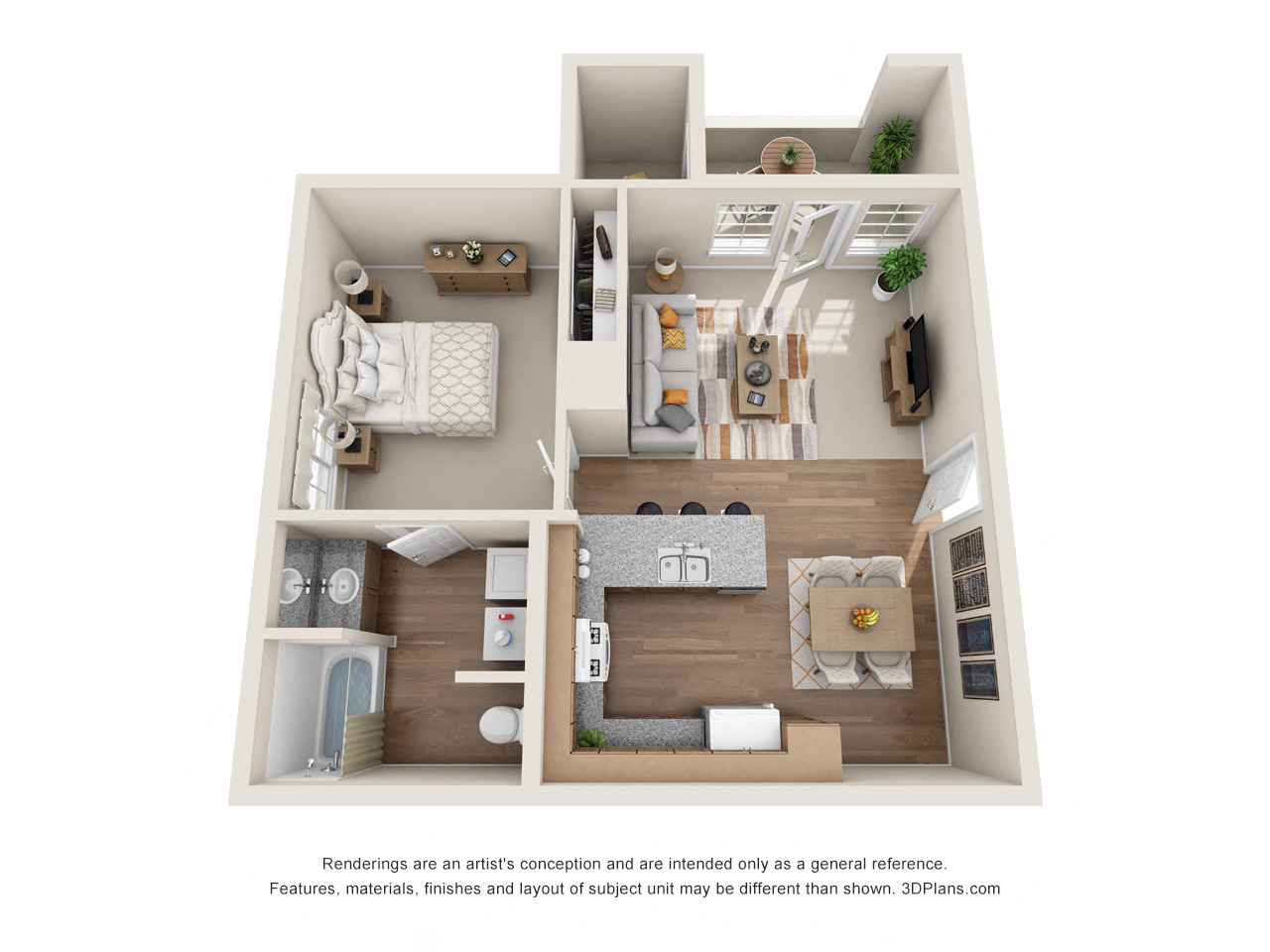Floor plan for 1 bed, 1 bath, 682 sqft